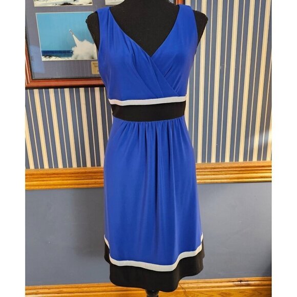 Chaps Blue Smooth Stretch Sleeveless Dress With Black & White Trim V-Neck Size L - Picture 1 of 5